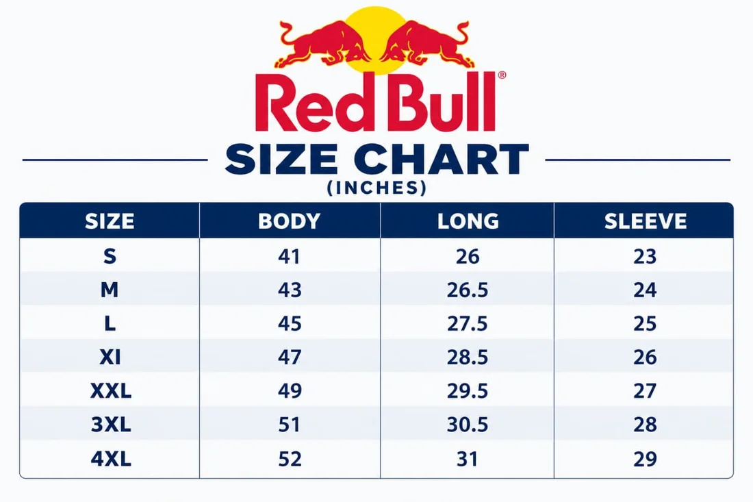 Red Bull size chart
